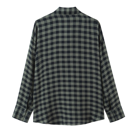 Women Plaid Blouse Long Sleeve Tie Neck Bow Polyester Button Down Casual Shirt Tops