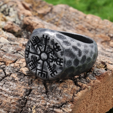 Viking Kompass Vegvisir Ring Edelstahl Retro Nordisch Hammerschlag Textur Punk Gothic Siegel Schmuck Für Herren Damen