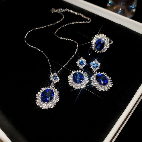 Vintage Schmuck Mit Blauem Ovalem Edelstein Inklusive Halskette Ohrringe Und Ring Aus Legierung Strass Luxus Für Damen