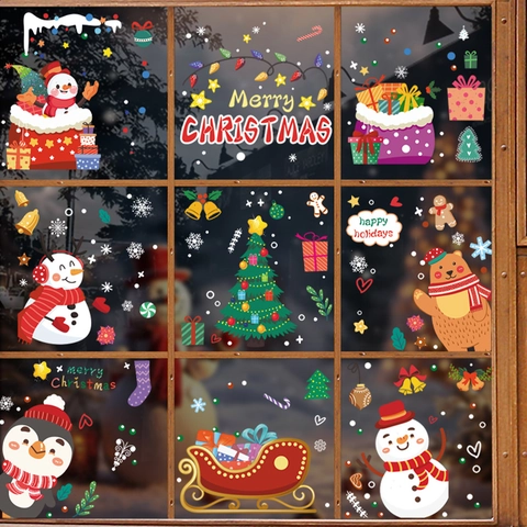 Christmas Window Clings PVC Static Stickers Glue Free Double Sided Cartoon Snowman For Holiday Glass Decoration