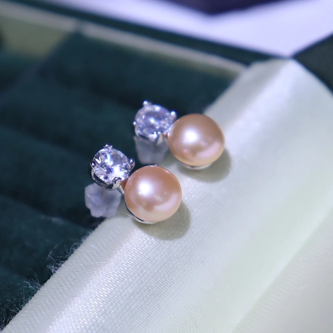 Elegant Freshwater Pearl Stud Earrings With Round Cubic Zirconia Alloy Copper Gold Plated And Silver Earring Post