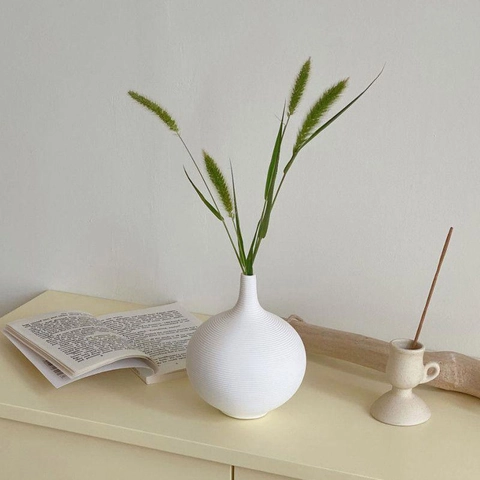 White Ceramic Vase Ribbed Texture Modern Minimalist Nordic Style Home Decor Desktop Flower Arrangement Plant Accessory