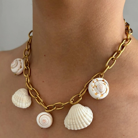Exaggerated Stainless Steel Thick Chain Necklace For Women Bohemia Natural Shell Conch Pendant Gold Plated Fashion Jewelry Accessory