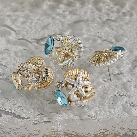 Starfish Seashell Stud Earrings With Faux Artificial Pearl Blue Glass Gemstone Rhinestone Stainless Steel Post Alloy For Women