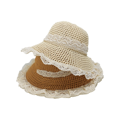 Damen Strohhut Papier Gehäkelt Große Krempe Weiße Spitze Elegant Sommer Strand Urlaub Lange Bänder Vintage Stil