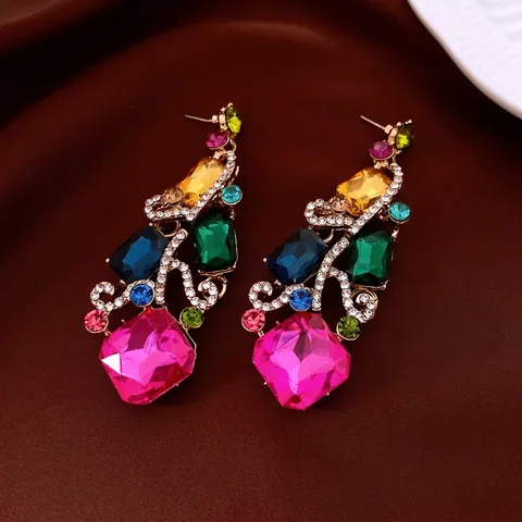 Heavyweight Geometric Square Dangle Earrings For Women Alloy Rhinestone Inlaid Jewelry With Silver Earring Post