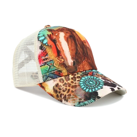 Western Horse Print Trucker Hat Mesh Back Breathable Leopard Pattern Turquoise Accent Adjustable Outdoor Unisex Cap