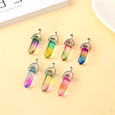 Hexagonal Column Gradient Glass Pendant Necklace With Alloy Clasp Rainbow Colorful Transparent Simple Fashion Jewelry