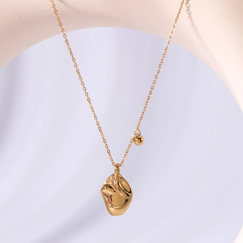 Irregular Wrinkled Leaf Pendant Necklace 18K Gold Plated Stainless Steel With Small Bead Charm Elegant Jewelry Women
