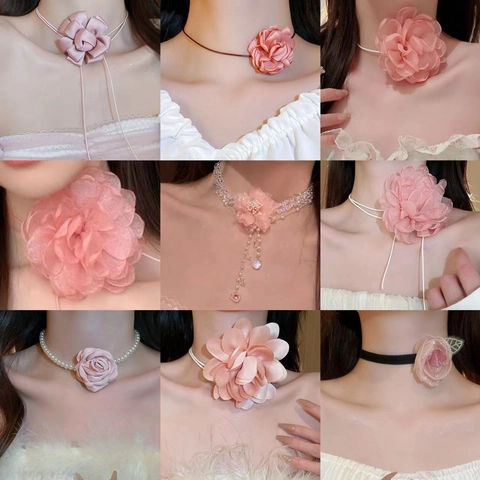 3D Fabric Flower Choker Necklace With Faux Artificial Pearl And Long Ribbon Elegant Sweet Floral Clavicle Chain Jewelry