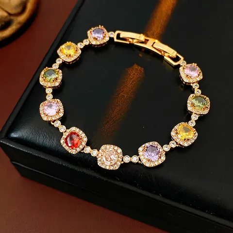 Bracelet De Tennis En Cuivre Plaqué Or Vintage Avec Zircone Carré Coloré Design Halo Micro Pave Bijoux Pour Femmes