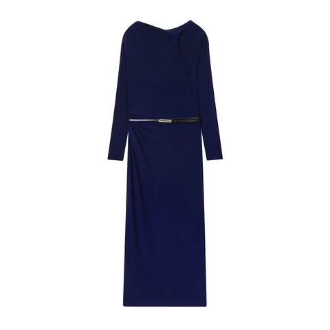 Elegantes Marineblaues Maxikleid Polyester Plissee Langarm Mit Gürtel Asymmetrischer Rundhals Schmale Passform Abendparty