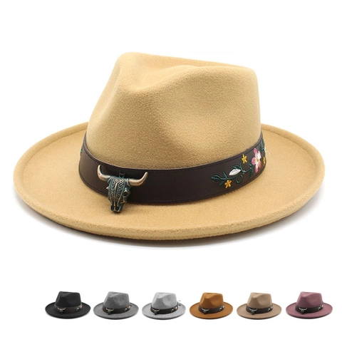 Vintage Western Cowboy Fedora Hat Wool Felt Wide Brim Bull Head Metal Leather Band Floral Embroidery For Men Women