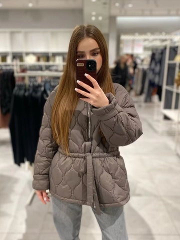 Veste Matelassée Rembourrée Pour Femmes Col Rond Manches Longues Taille Nouée Couleur Unie Polyester Manteau Streetwear
