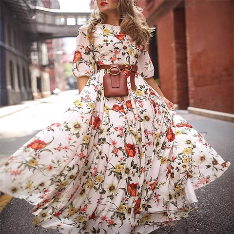 Floral Print Chiffon Maxi Dress For Women Round Neck Long Sleeve High Waist A-Line Long Swing Bohemian Vacation Elegant
