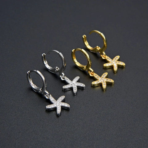 Pendientes de Aro con Estrella de Mar de Cobre para Mujer Brillantes Diamantes de Imitación Incrustados Estilo Vida Marina