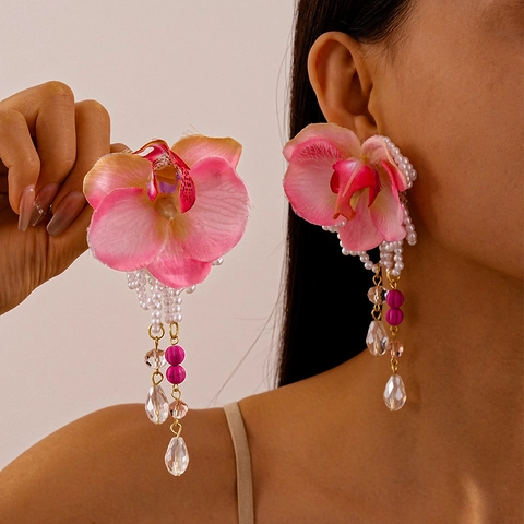 Pendientes Largos De Orquídea De Tela Rosa Con Borlas De Perlas Artificiales De Imitación Gotas De Cristal Y Poste De Plata Para Mujer