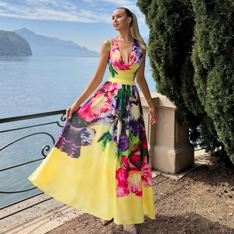 Women Floral Swimsuit And Wrap Skirt Halter V Neck Backless Side Drawstring Tropical Vacation Beachwear