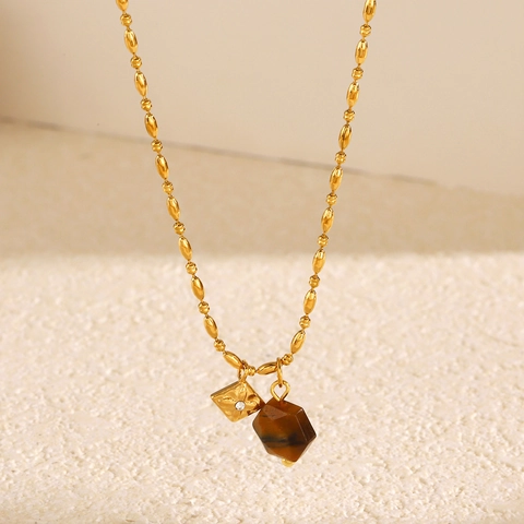 Collier Pendentif Pierre Oeil De Tigre Hexagonal Acier Inoxydable Plaqué Or Sous Vide Chaîne À Billes Pour Femmes Bijoux