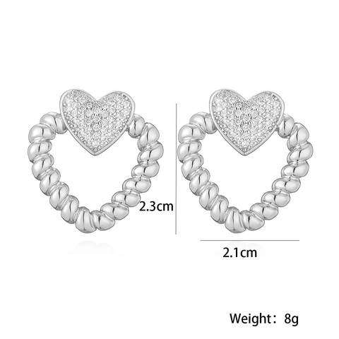 Copper Heart Stud Earrings Micro Pave Zircon Twisted Rope Texture Hollow Double Heart Elegant Fashion Jewelry For Women