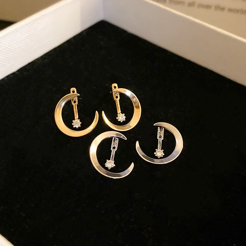 Moon Zircon Stud Earrings Geometric Copper Jewelry With Silver Earring Post Elegant Commuter Style For Women
