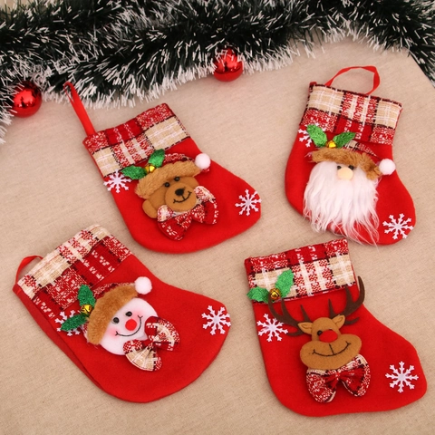 Calze Di Natale Feltro Flanella Babbo Natale Pupazzo Di Neve Renna Orso Polsino Scozzese Con Campanelli Arredo