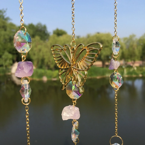 Handmade Moon Crystal Suncatcher Wind Chime Hanging Ornament With Butterfly Hemp Rope Metal Leaf Prism Ball Garden Decor