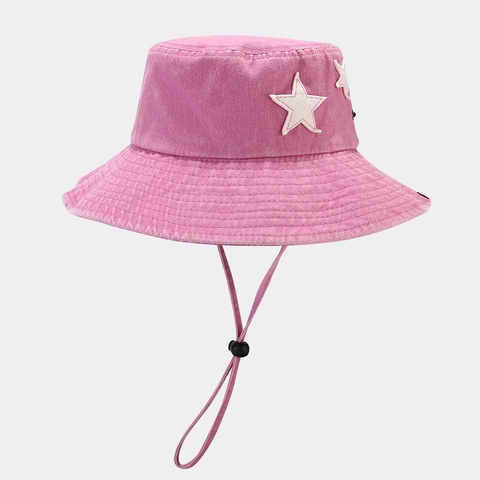 Vintage Washed Cotton Bucket Hat Western Cowboy Style Star Patch Wide Brim Outdoor Sunshade With Adjustable Windproof Rope