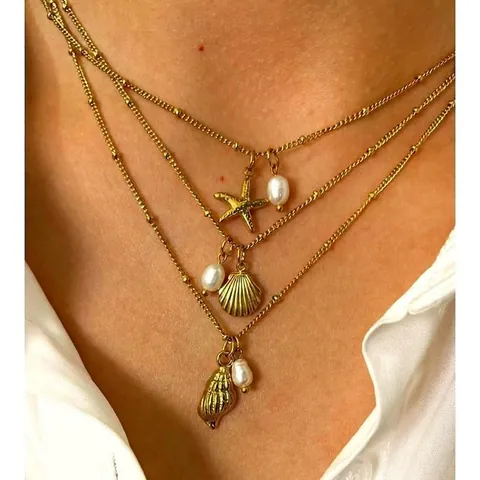 Collar con Colgante de Perla de Agua Dulce de Acero Inoxidable Tema Océano Oro Tortuga Marina Concha Caballito de Mar Joyería Mujer