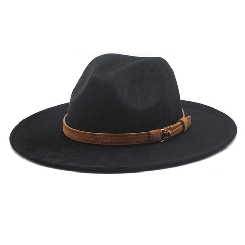 Wide Brim Fedora Hat Faux Suede Retro Jazz Style With Belt Buckle Unisex Vintage Cowboy Sun Protection Accessory