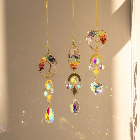 Tree Of Life Suncatcher Hanging Ornament Brass K9 Crystal Prism Natural Stones Rainbow Maker Window Garden Decor Boho