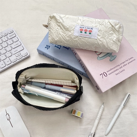 Large Capacity Pencil Case Pleated Bubble Cloth Stationery Pouch Zippered Storage Bag Korean INS Style School Office