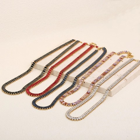 Luxury Stainless Steel 18K Gold Plated Zirconia Tennis Necklace Bracelet For Women Geometric Rectangle Gemstone Jewelry