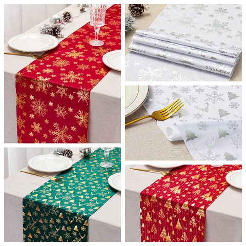 Camino De Mesa De Navidad Bronceado Terciopelo Poliéster Decoración De Mesa Fiesta Patrón Copo De Nieve Reno Estilo Nórdico