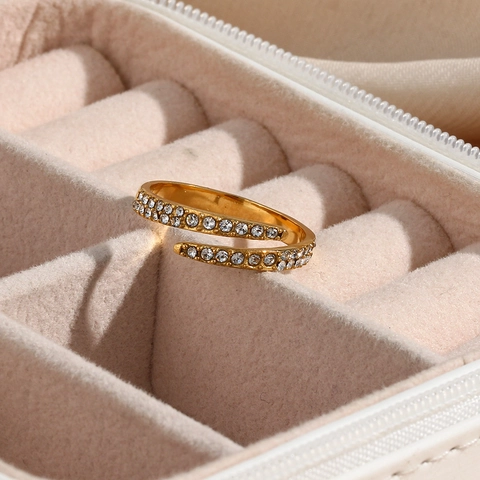 Bague Ouverte Minimaliste en Acier Inoxydable pour Femme Plaqué Or Double Rangée Strass Réglable Bague Géométrique Bijoux