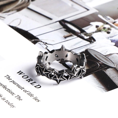 Anello Vintage in Acciaio al Titanio con Stella Pentagramma per Uomo Donna Punk Retro Argento Invecchiato Gioielli di Moda