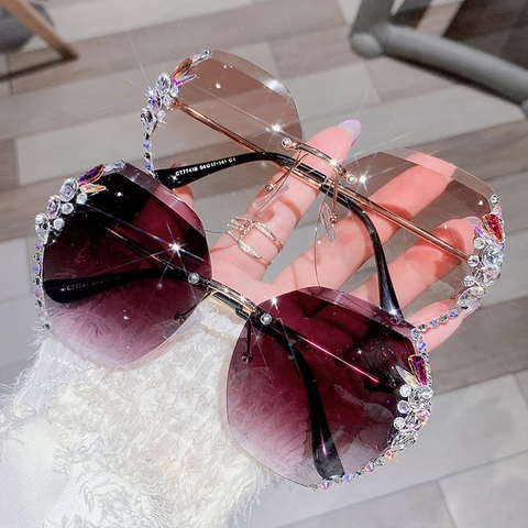 Lunettes De Soleil Surdimensionnées Sans Monture Femme Strass Cristal Géométrique Monture Métal UV400 Verres Dégradés