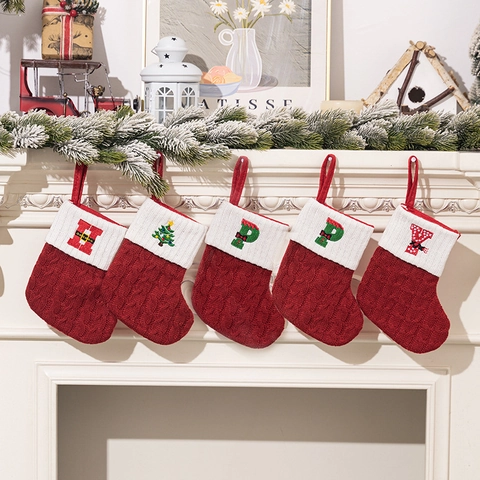 Calcetín De Navidad Rojo Blanco Tejido Bordado Letra Alfabeto Decoración De Fiesta Colgante Regalo Punto De Torsión