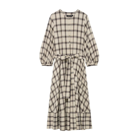 Vintage Plaid Maxi Kleid Acetat Satin Rundhalsausschnitt Lange Puffärmel Elegant Hemd Stil Mit Gürtel