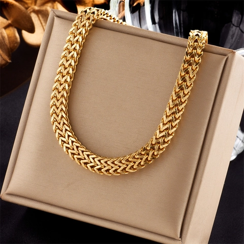 Chunky Chain Necklace Double Layer Woven Mesh Titanium Steel Gold Plated Hip Hop Punk Street Jewelry Unisex