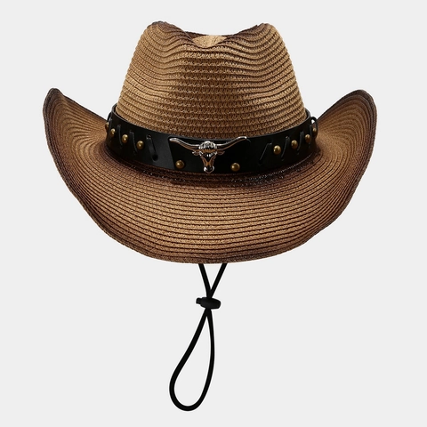 Western Cowboy Straw Hat With Leather Belt Bull Head Metal Ornament Adjustable Wind Rope Wide Brim Sun Protection Foldable
