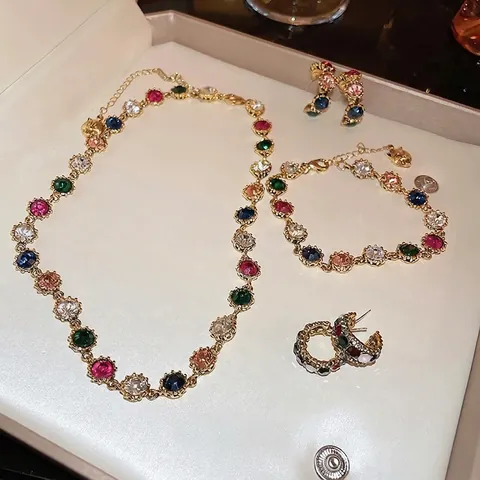 Vintage Alloy Bracelet Necklace With Multi Color Rhinestones And Panther Head Charm Luxury Fashion Jewelry For Women