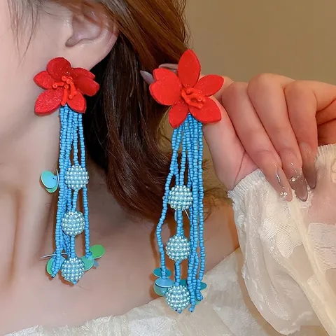 Boho Flower Tassel Earrings With Red Fabric Floral And Blue Seed Beads 925 Sterling Silver Earring Post Handmade Jewelry