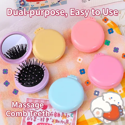 Spazzola Per Capelli Pieghevole Con Specchio Mini Rotonda Colore Macaron Plastica Pettine Da Massaggio Per Viaggi