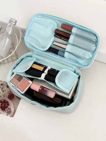 Rectangular Makeup Bag Waterproof PU Leather Cosmetic Organizer Travel Toiletry Case Solid Color Minimalist For Women