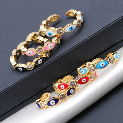 Bague Ouverte Coeur Oeil Mauvais Cuivre Avec Émail Coloré Zircon Micro Incrusté Bijoux Bohémiens Réglables Pour Femmes