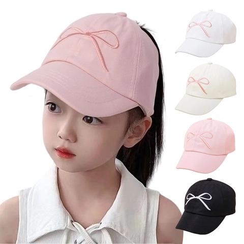 Kids Cotton Bow Embroidery Baseball Cap High Ponytail Open Back Sun Hat Breathable Adjustable Outdoor Summer Sunshade Cap For Girls