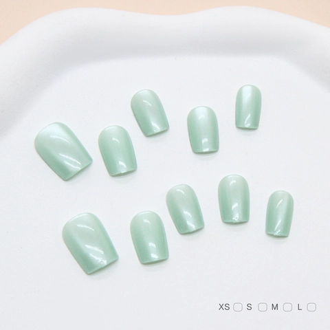 Handmade Press On Nails Mint Green Cat Eye Effect Short Square Round Shape ABS Plastic Simple Ins Style For Women