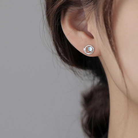 Planet Saturn Stud Earrings Copper Plated With Blue Stone And Cubic Zirconia Minimalist Orbit Style Jewelry For Women