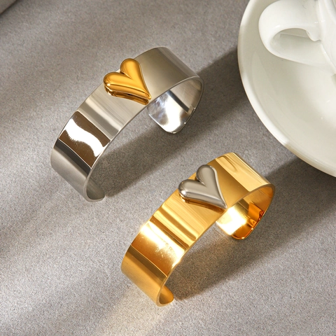 Bracciale Rigido A Polsino Con Cuore In Acciaio Inossidabile Due Toni Oro Argento Bangle Aperto Gioielli Di Moda Per Donna Stile Minimalista